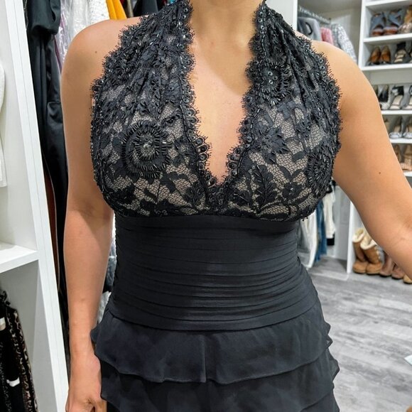 Tadashi Black Lace Halter Tiered Dress $395 - Picture 2 of 9